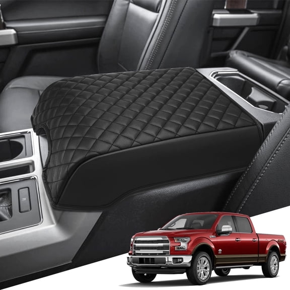 KBH Ford Center Console Cover for 2015-2020 F150 Accessories, 2017-2022 F250-F550/2018-2024 Expedition, Black Leather Middle Console Cover Cushion Pad for Truck Interior (Bucket Seat)