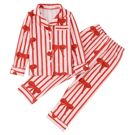 WOYY Big Girls Pajamas Stripe Bow Print Long Sleeve Top Pants Suit Sleepwear,2-Piece