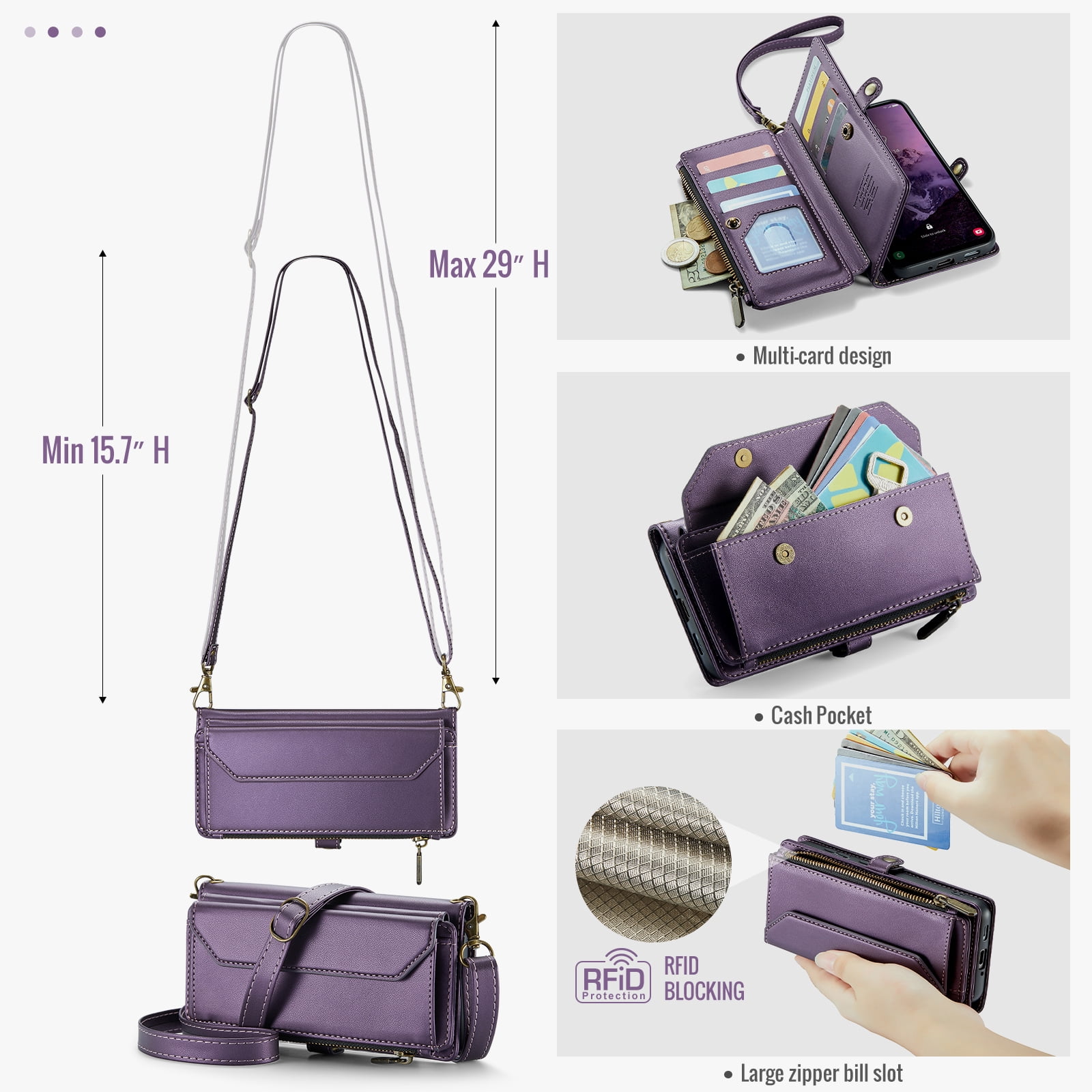 Asuwish Compatible with Samsung Galaxy A17 5G Zipper Wallet Phone Case Tempered Glass Screen Protector Crossbody Lanyard Strap Flip Card Holder Slot Cell Cover for A 17 17A G5 Women Girls Purple