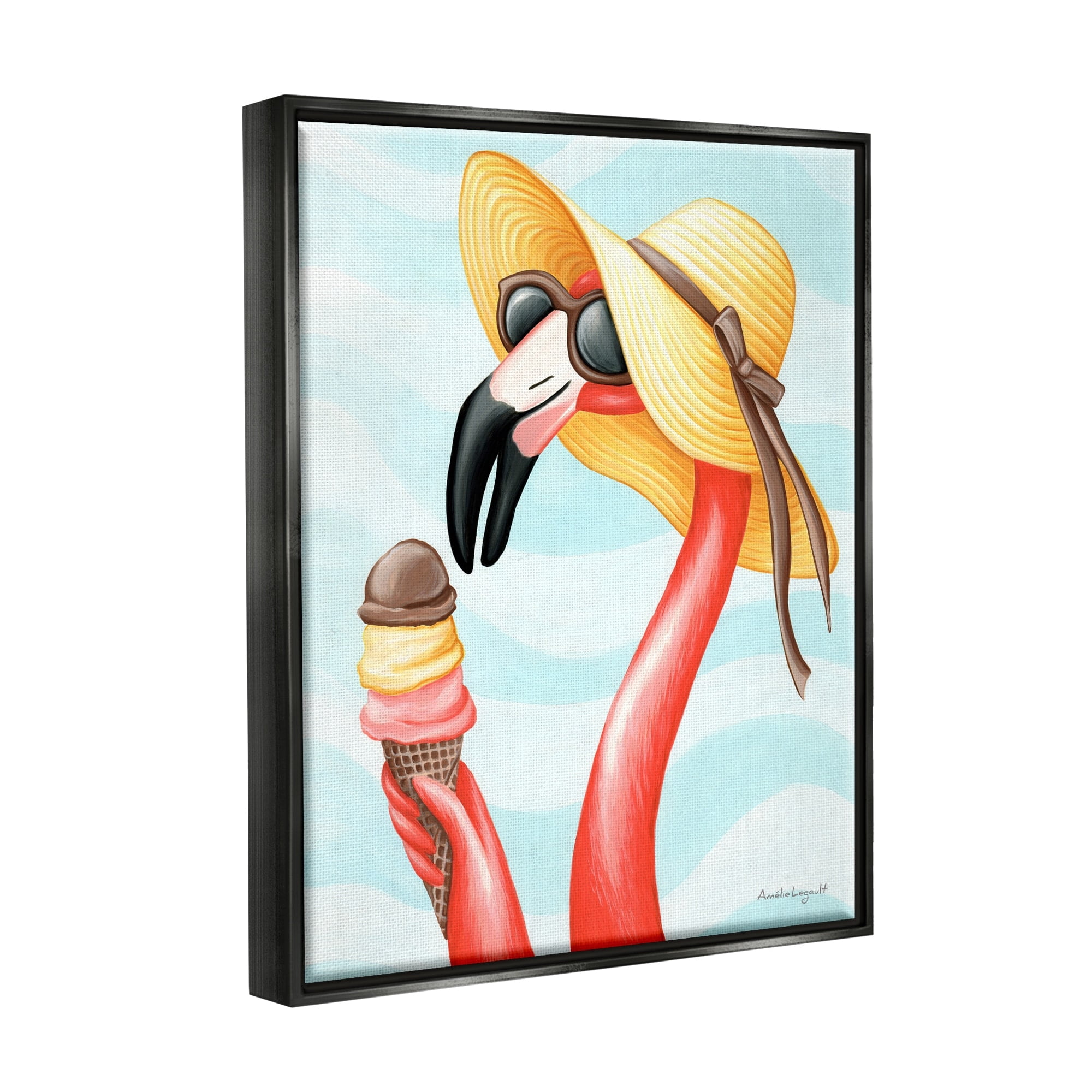 Stupell Industries Summertime Flamingo Sun Hat Enjoying Ice Cream Cone Graphic Art Jet Black Floating Framed Canvas Print Wall Art, Design by Amelie Legault