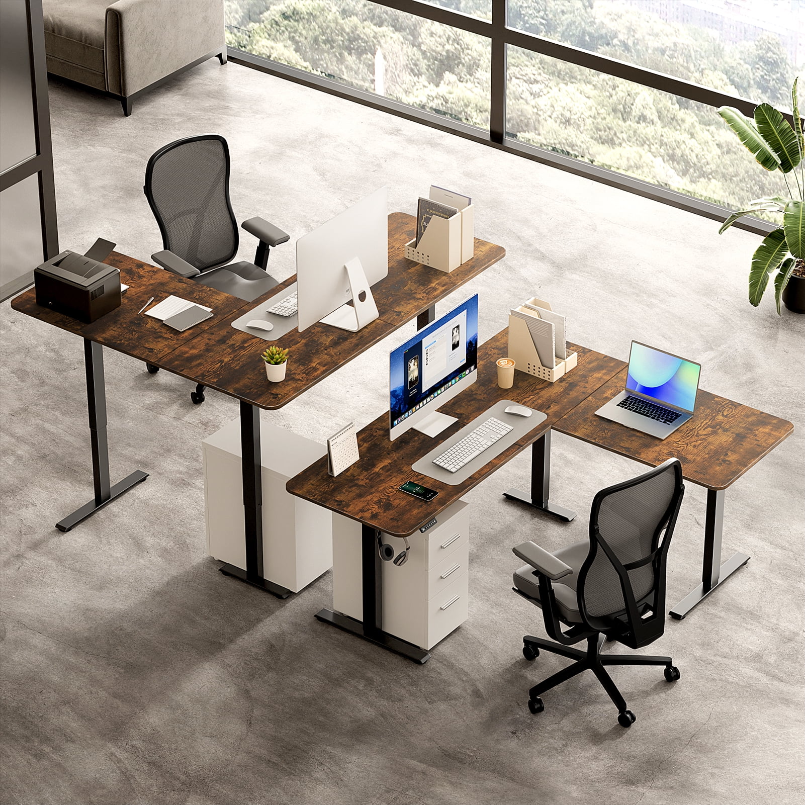 VVENACE 63 x 55 inch L Shaped Electric Standing Desk Stand up Desk Corner Computer Workstation for Home, Room, Office, Brown, 3 Split Boards