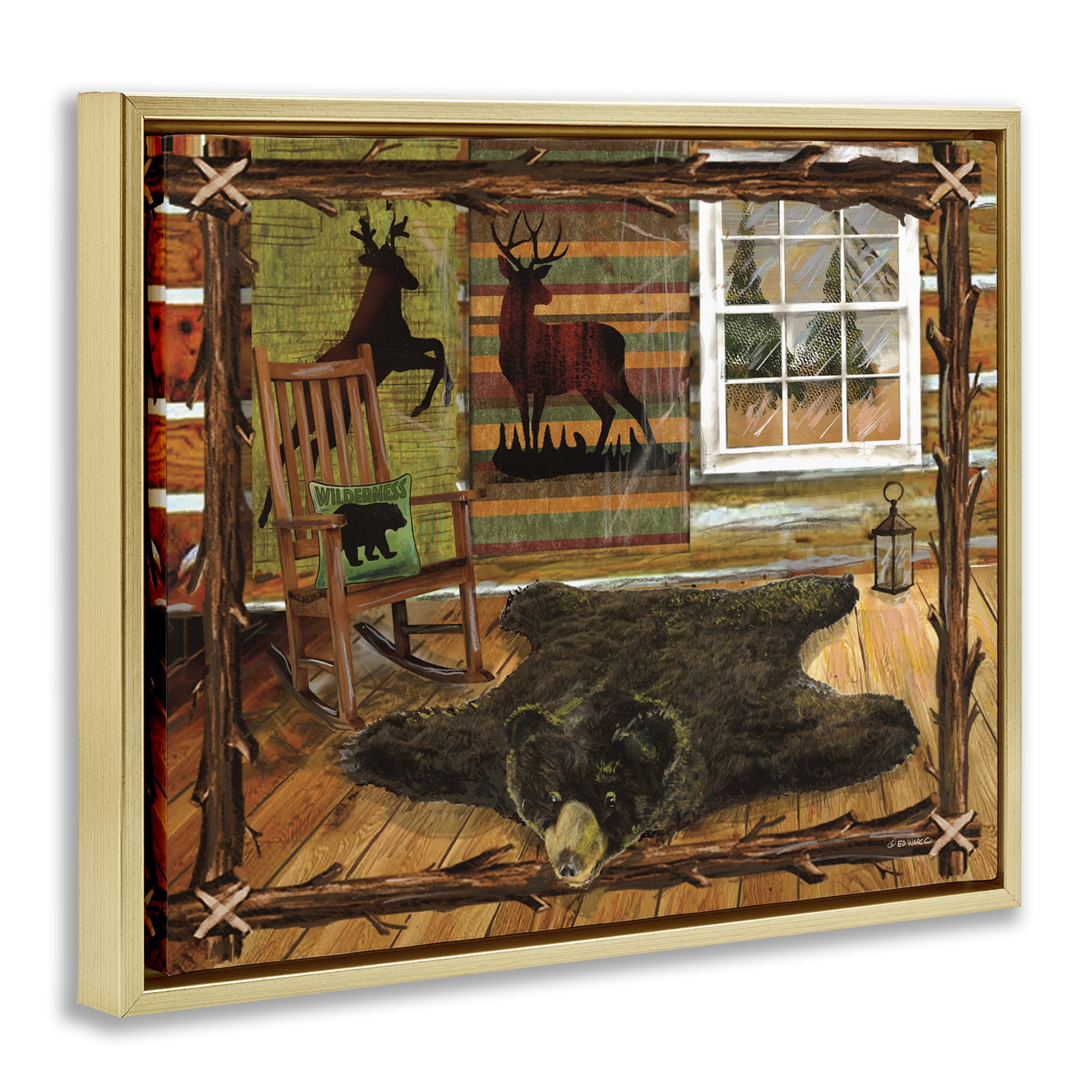 Stupell Industries Rustic Cabin with Border Animals & Insects Painting Gold Floater Framed Art Print Wall Art, 31 x 25