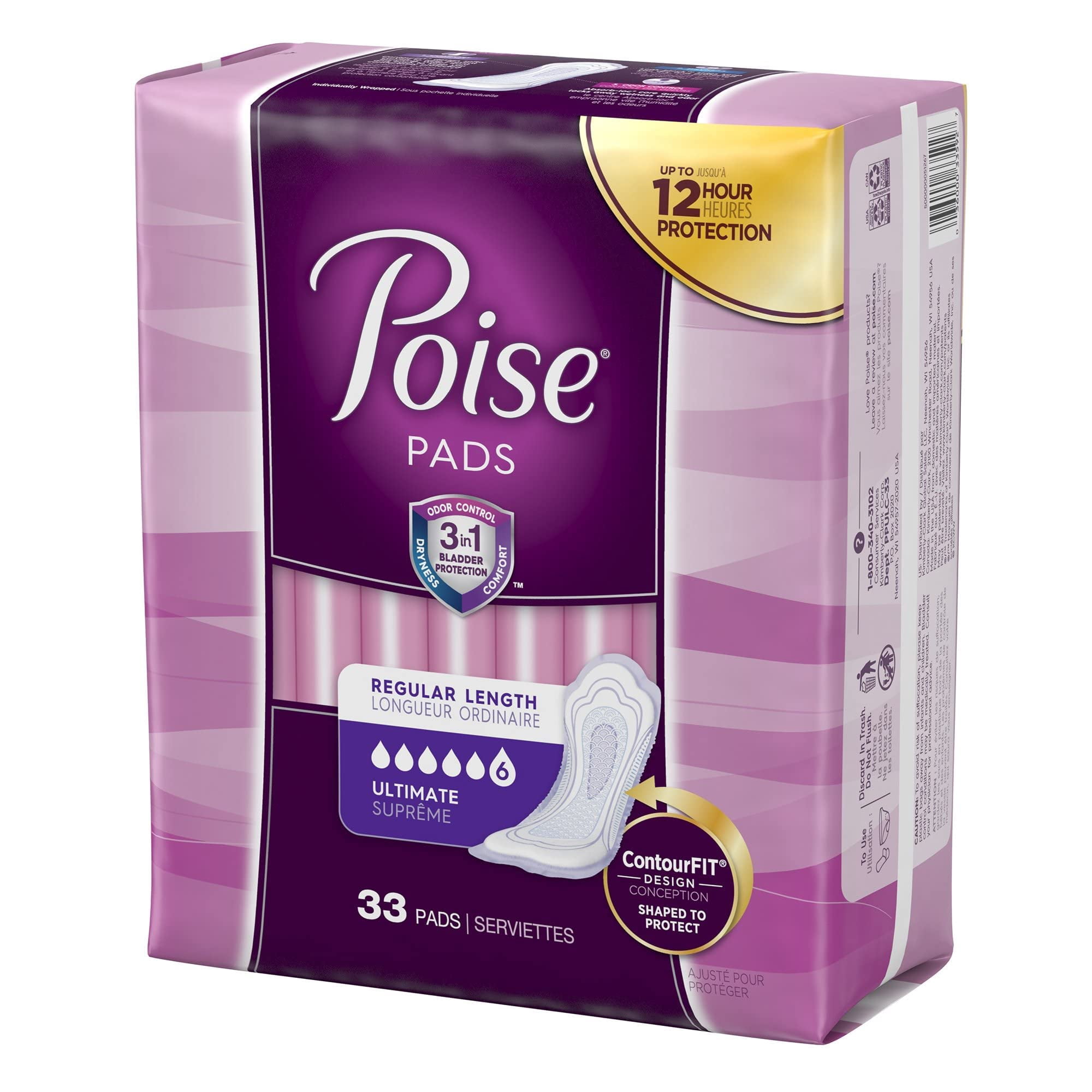 Poise Incontinence Pads for Women, Regular Length Ultimate Absorbency Bladder Leak Pads, Disposable Feminine Protection, 33 Count (Pack of 2)