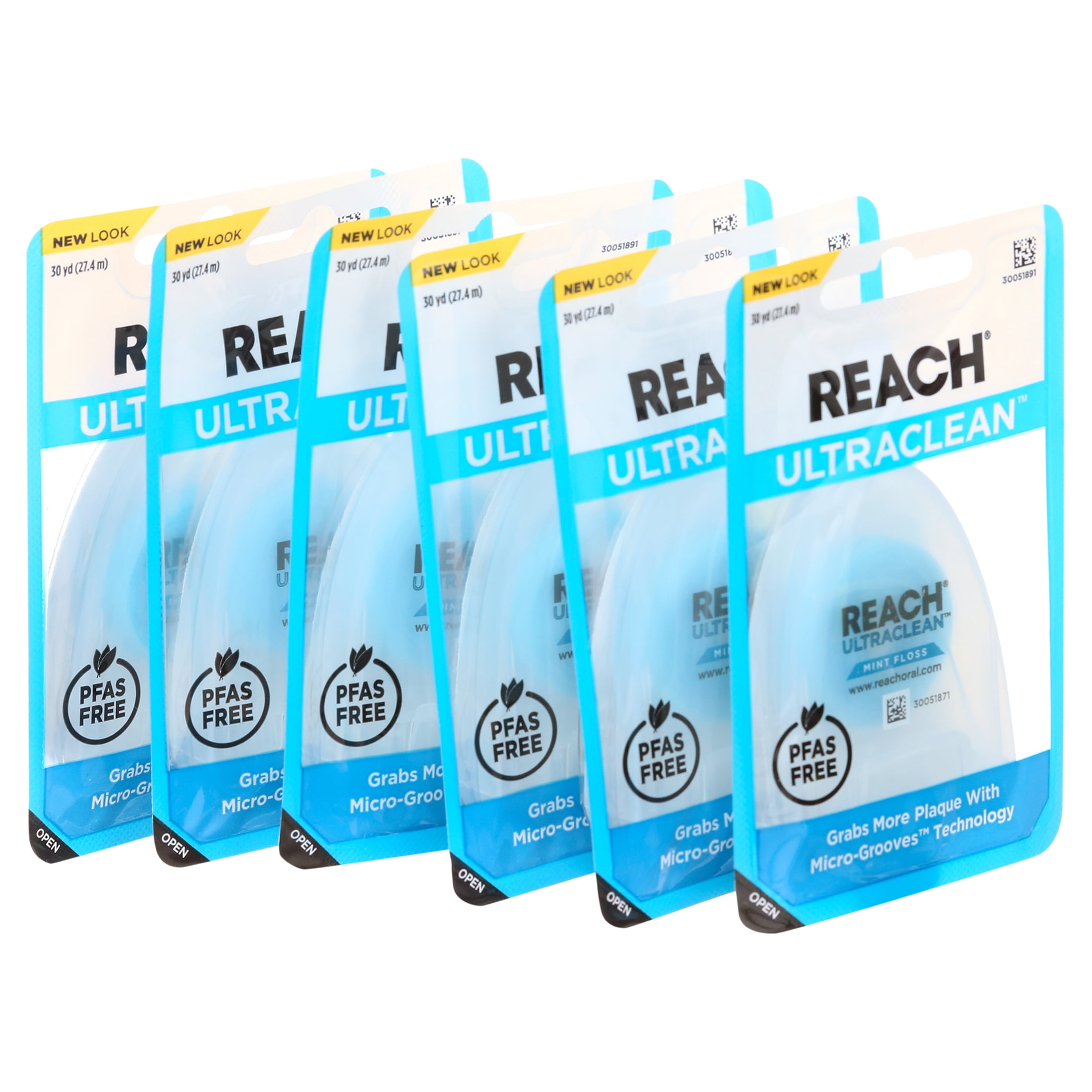 REACH Ultraclean Dental Floss, Mint, Plaque Remover for Teeth, Shred Resistant, Waxed, Easy on Gums & Teeth, Mint, Oral Care, Free, for Adults & Kids, 6 Pack, 30 yd