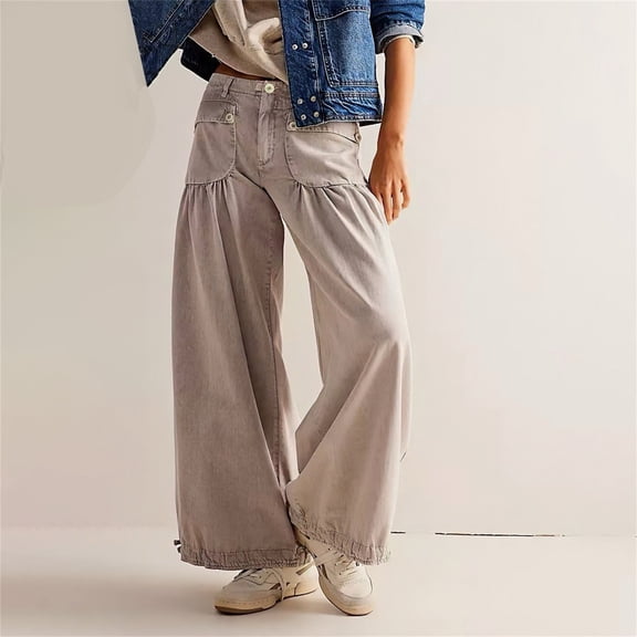 Women's Baggy Cargo Jeans, Mid Waist Wide Leg Parachute Denim Pants with Drawstring Ankles, Casual Loose Fit Streetwear Pants with Pockets Beige L