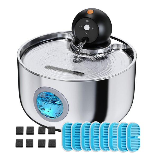 Fuente de agua para gatos NOBXBON inalámbrica de 2,6 L con 8 filtros y 8 esponjas