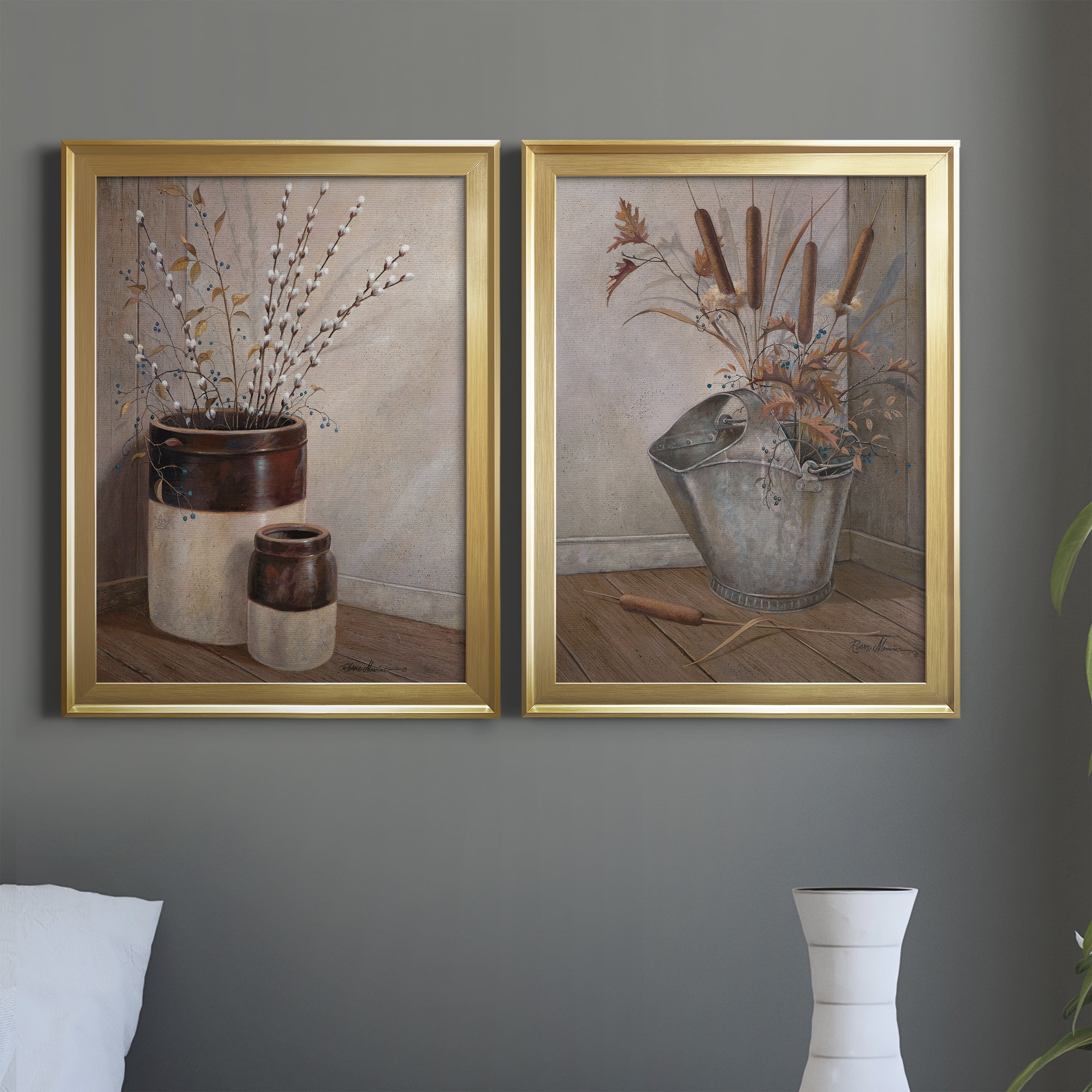 2 Piece Set Pussywillows & Spring Premium Framed Canvas - Ready to Hang - 18.5 x 24.5 Each - Gold Frame