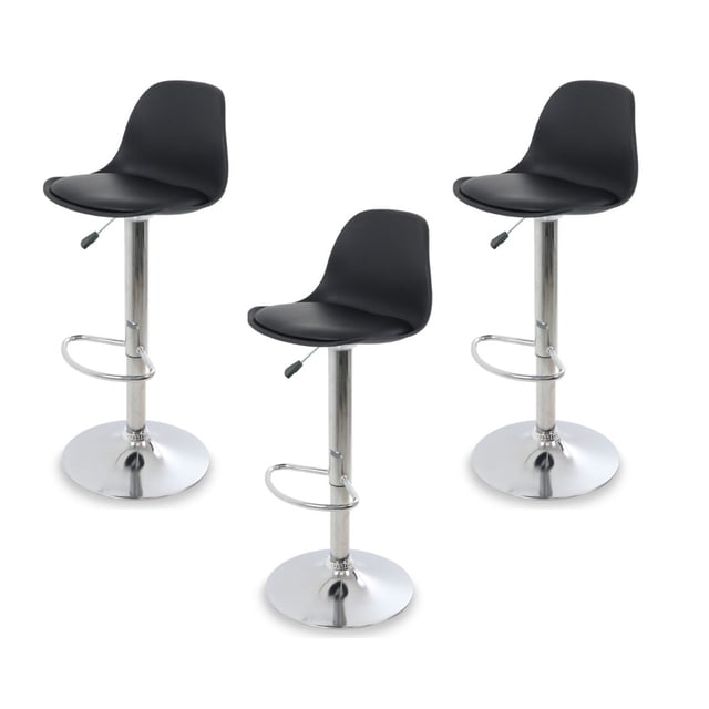 Sillas para Bar y Barra de Cocina con Respaldo y Reposapies de Altura Ajustable Banco Taburete Giratorio con Asiento Acolchado de Diseño Moderno Set 3 Piezas Negro