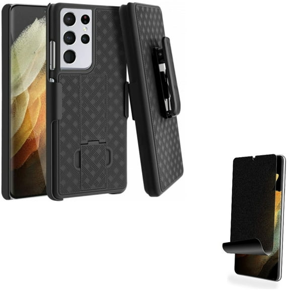 Case Belt Clip w Privacy Screen Protector for Samsung Galaxy S21 Ultra - Holster Swivel Cover, TPU Film Anti-Peep (Fingerprint Works)