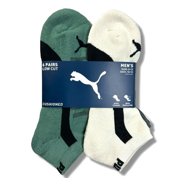 PUMA SOCKS MEN'S - LOW CUT - PIPE 253 - GREEN CREAM - LARGE (10-13) PACK 6 XX