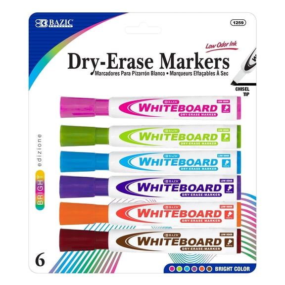 BAZIC Bright Color Chisel Tip Dry Erase Markers, Low-Odor, 6 Ct