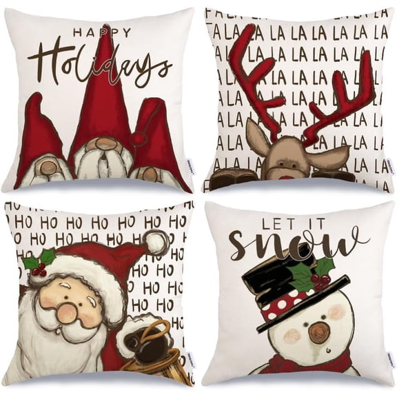 Christmas Decorative Pillow Covers 18x18 Inch Set of 4, Gnomes Santa Claus Deer Snowman Winter Holiday Farmhouse Cushion Cases Xmas Decoration for Home GA313-18