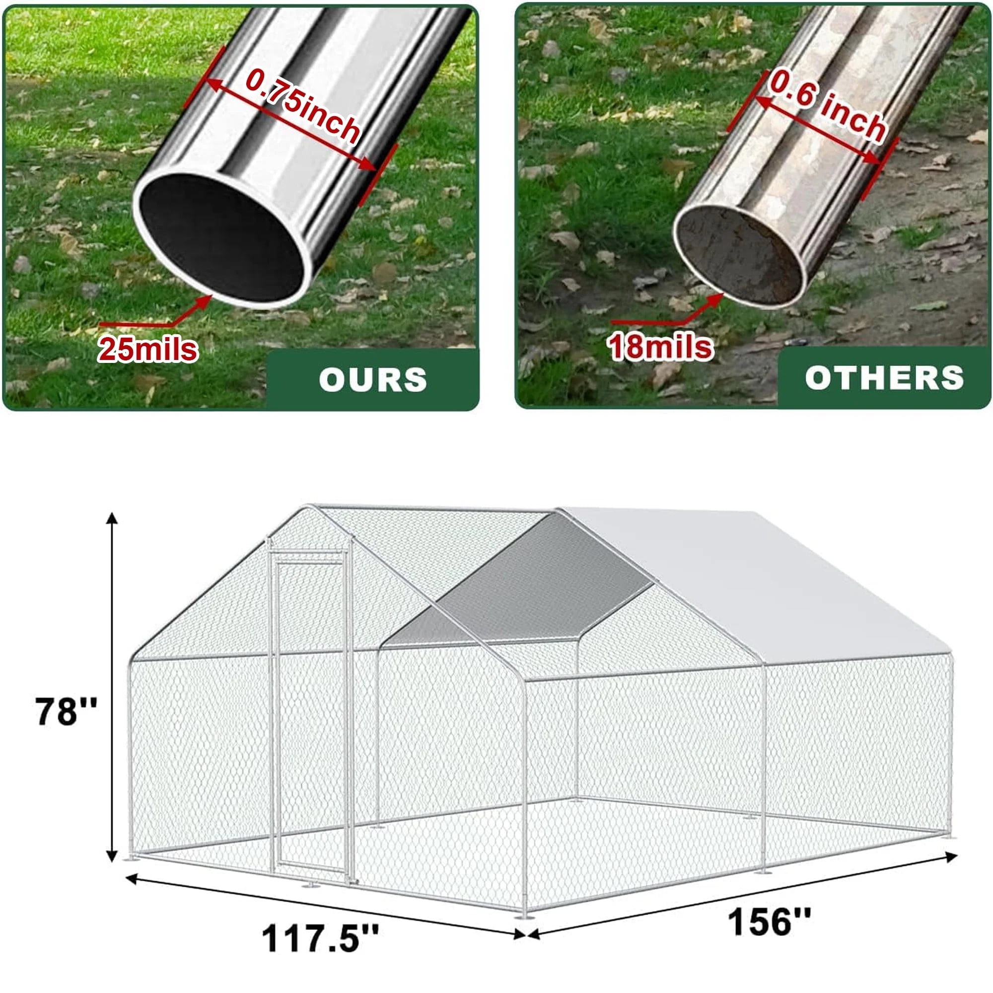 Aukfa Chicken Coop, 13 ft Large Chicken Run Cage Outdoor, Heavy Duty Spire Shaped Metal Frame, Silver