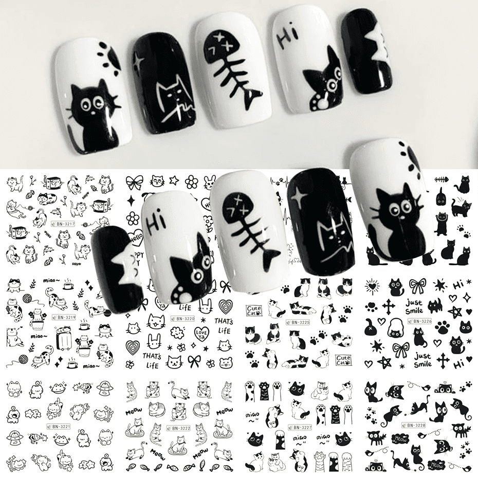 12pcs Cartoon Cute Cat Stickers For Nails Star Flower Bow Nail Water Decals Sliders Korean Japanese Nail Art Manicure Decoration