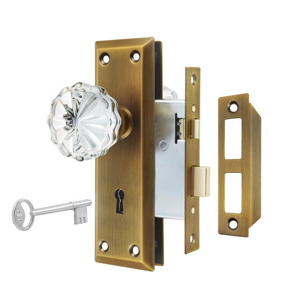 newliplace Mortise Lock Set for Interior Door, Antique Brass Door Knobs with Lock and Skeleton Key, Crystal Glass Door Knobs for Old Style Door