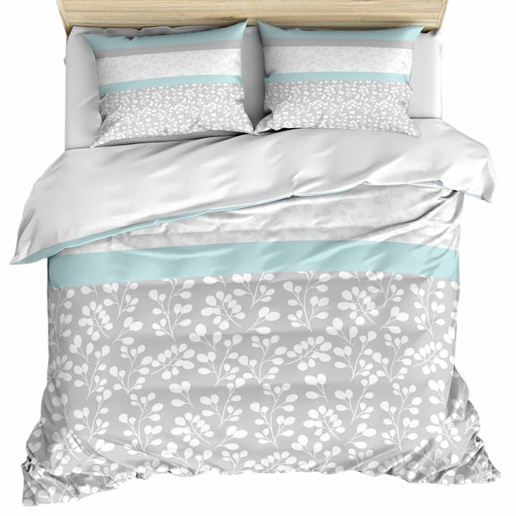 Aqua Grey Bedding 3 Piece Duvet Cover Set Twin Size, Chic Garden Floral Stripe Embroidery Design Soft Microfiber Comforter Cover with Zipper Closure & Pillowcases, Wrinkle & FadeResistant Quilt Cover