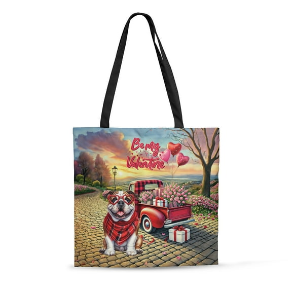 Be My Valentine's Bulldog Truck Full of Love Flower Balloon All Over Print 3D Canvas Tote Bag Dog Lover Gifts Idea Reusable Handbag - 02029
