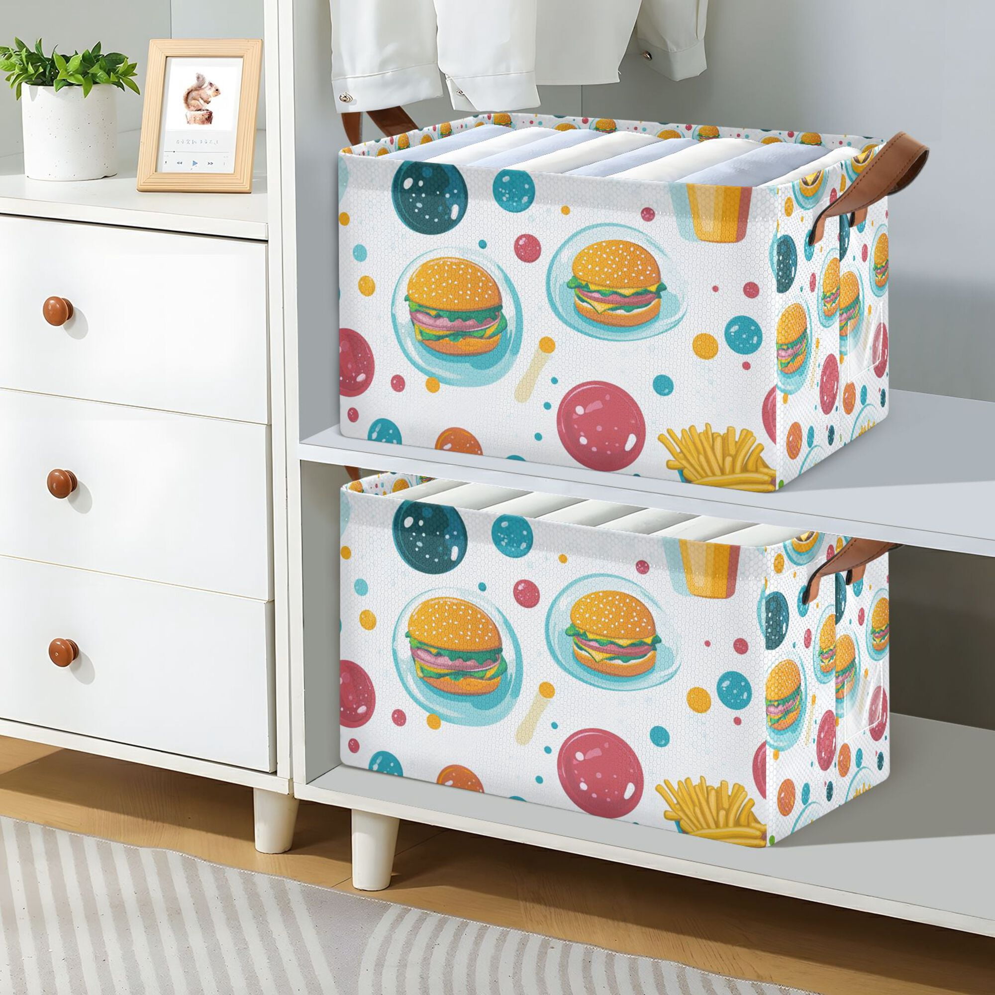Yayeee Foldable Storage Basket for Shelves Set of 2 Waterproof Cloth Bins with Handles, Bubbles Hamburger