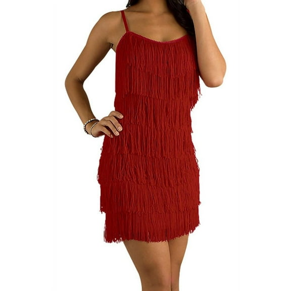 Cheryl Creations Women's Short All-Over Fringe Flapper Sleeveless Comfortable Mini Dress (Red, Large)