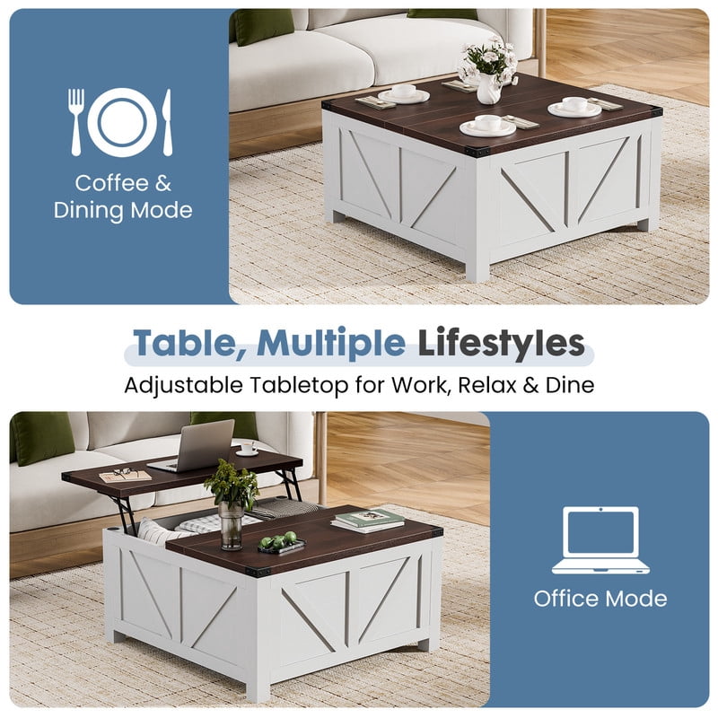 Gianna Lift Top Coffee Table with Storage and Charging Station, Square Center Table with USB Ports and Hidden Space for Living Room，White