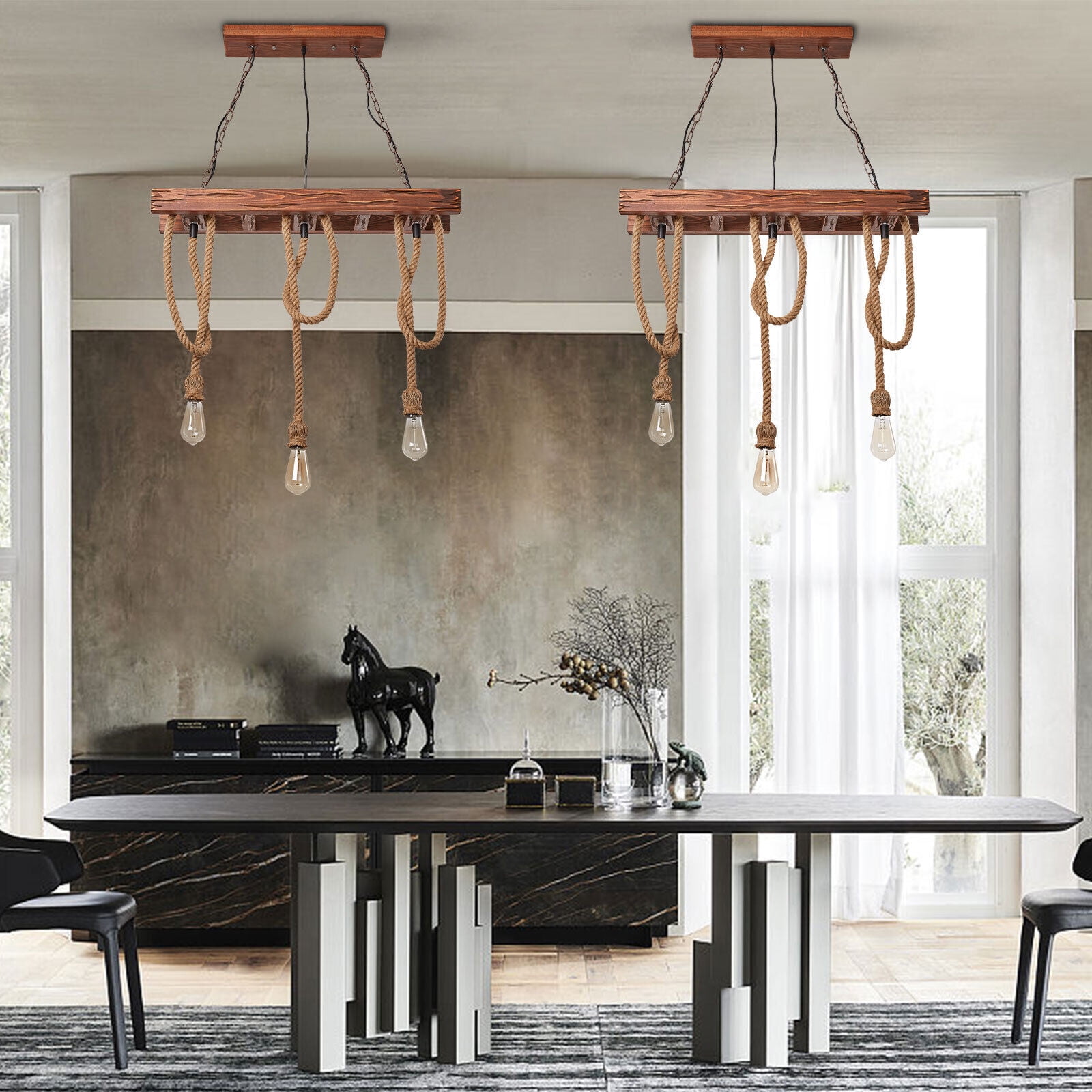 31.5" Farmhouse Wood Pendant Light Chandelier Lighting Iron Hanging Fixture 3 Heads Kitchen Pendant Lamp