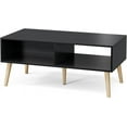 thumbnail image 2 of Coffee Table with Storage, Boho Dining Table with Rattan Drawer and Solid Wood Legs, Small Coffee Tables for Living Room, Black, 2 of 14