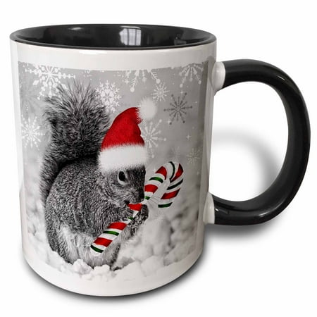 Christmas Candy Cane Mug - 3dRose This cute Christmas squirrel has a candy cane and a Santa hat in the snow covered winter landscape. , Two Tone Black Mug, 11oz