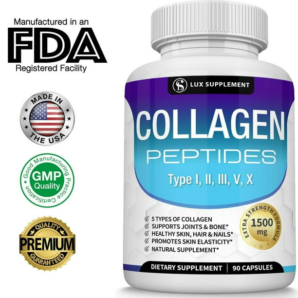 Multi Collagen Peptides Pills 1500 Mg Type I, II, III, V, X Natural