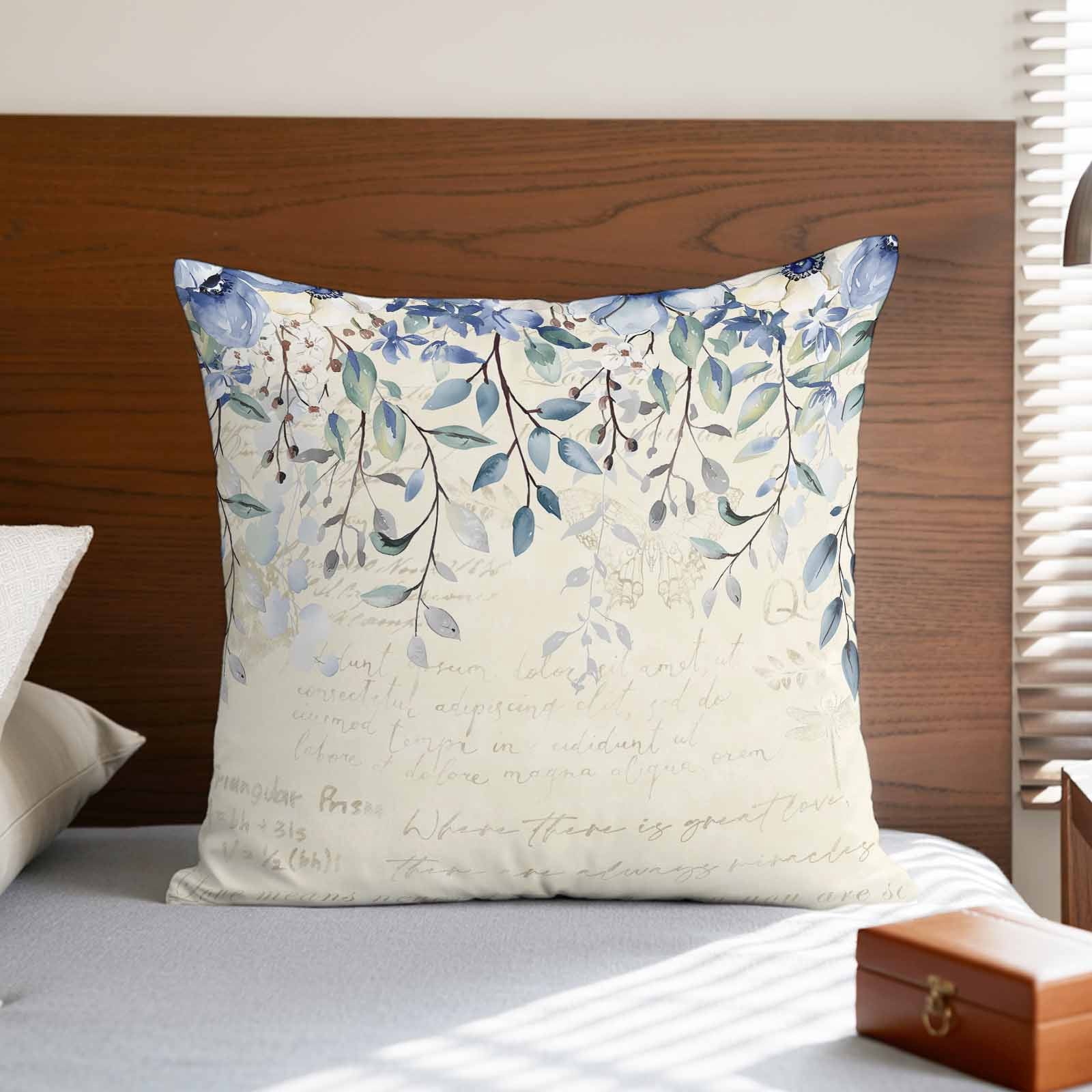 Blue Eucalyptus Leaves Pillow Covers 16x16 Inch, Farmhouse Retro Botanical Floral Linen Pillowcase with Invisible Zipper, Decorative Throw Pillow Covers Cushion Case for Couch Sofa Bed Living Room