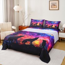 Manfei Wild Wolves Twin Sheet Sets,Colorful Sky Aurora Twin Fitted Sheet,Watercolor Ink Painting Flat Sheet For Boys Kids,Super Cozy Room Decor,3 Pieces
