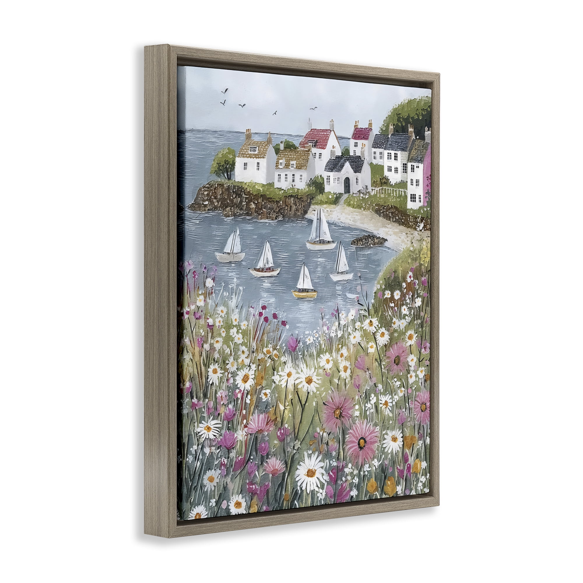 Stupell Industries Seaside Sailboats in Village Bay Brown Framed Floater Canvas Wall Art, design by Riley B