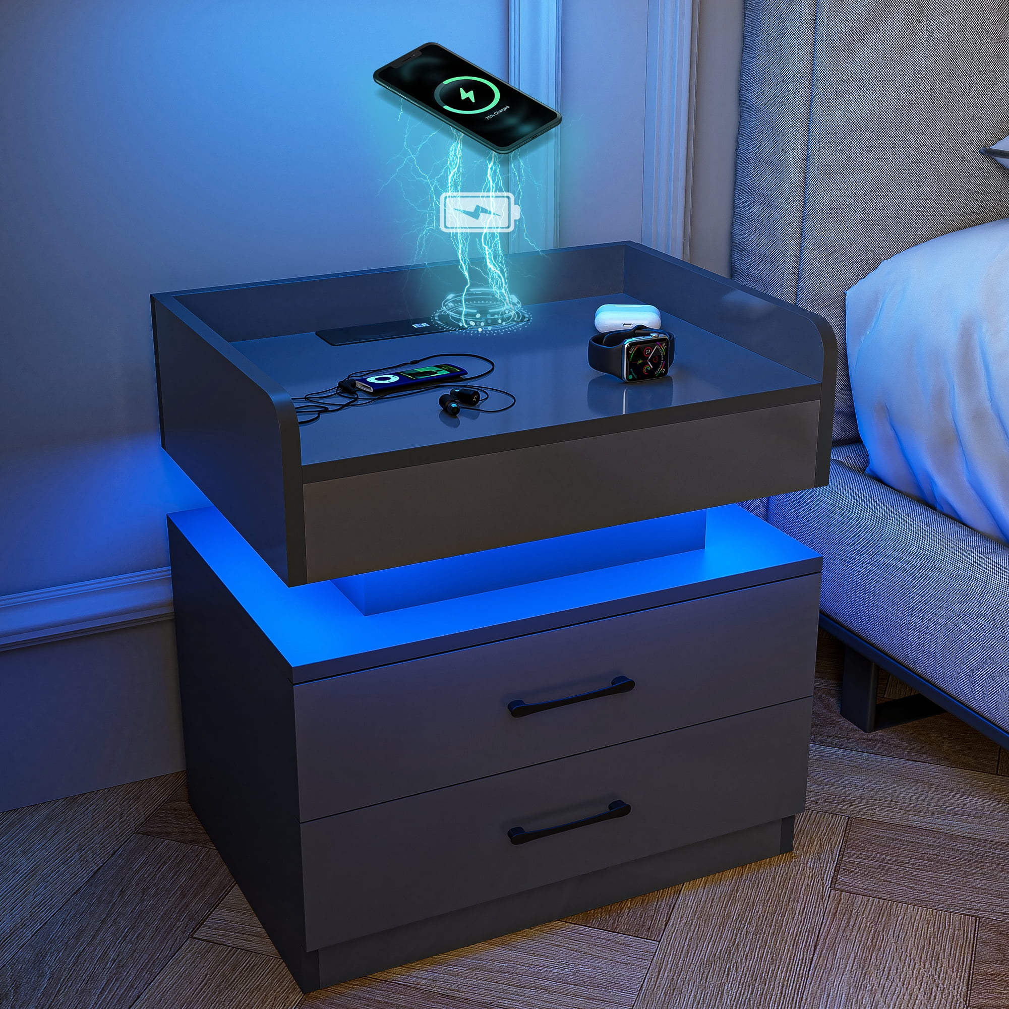 Resenkos Wireless Charging Nightstand with 2 Drawers and Remote Control LED Light, Light-Dark Gray