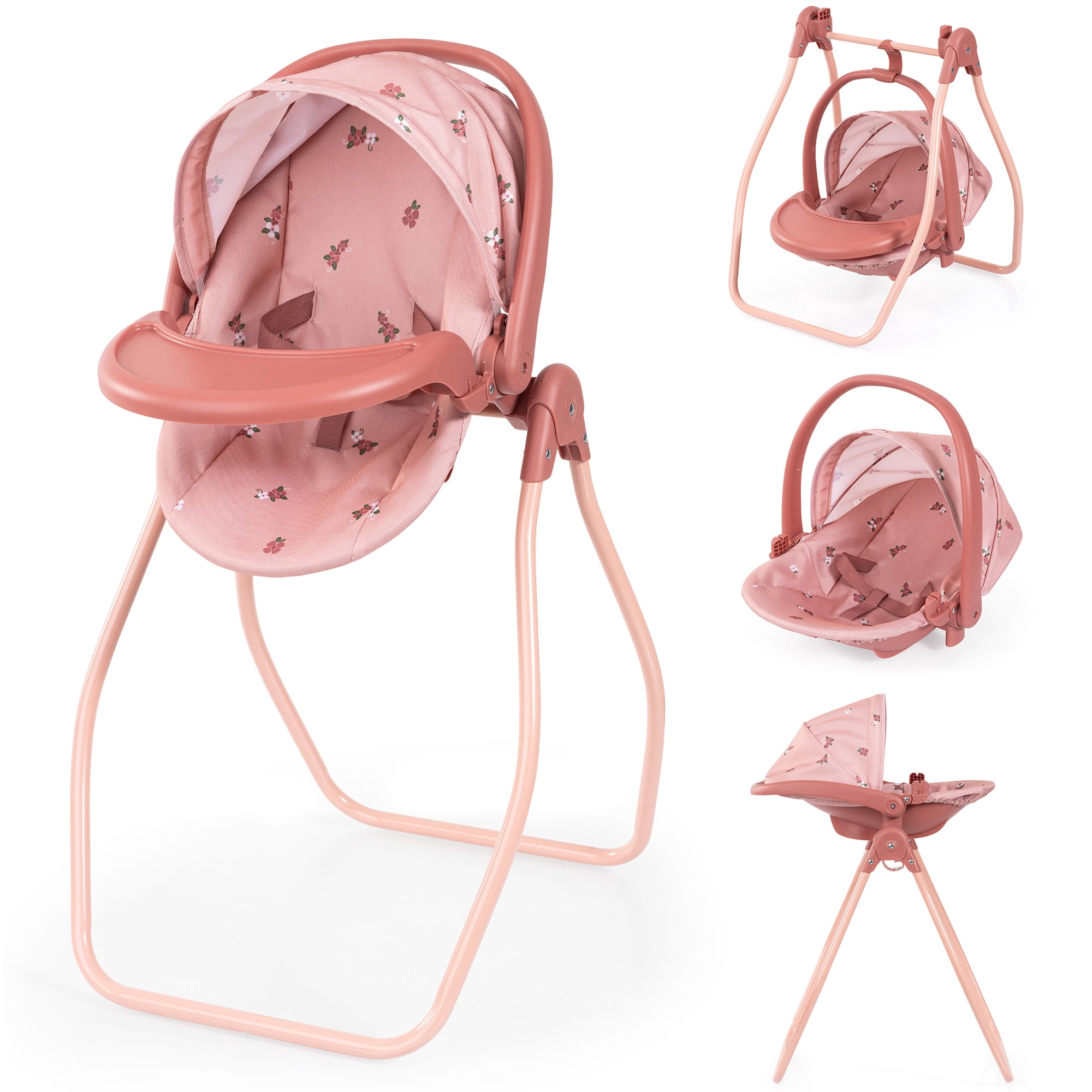 Bayer Design: Doll 4-In-1 Vario - Pink & Flowers - Convertible Toy: Highchair-Swing-Bed-Car Seat, All-In-1 Care Accessory Fits 18" Dolls, Kids 3+