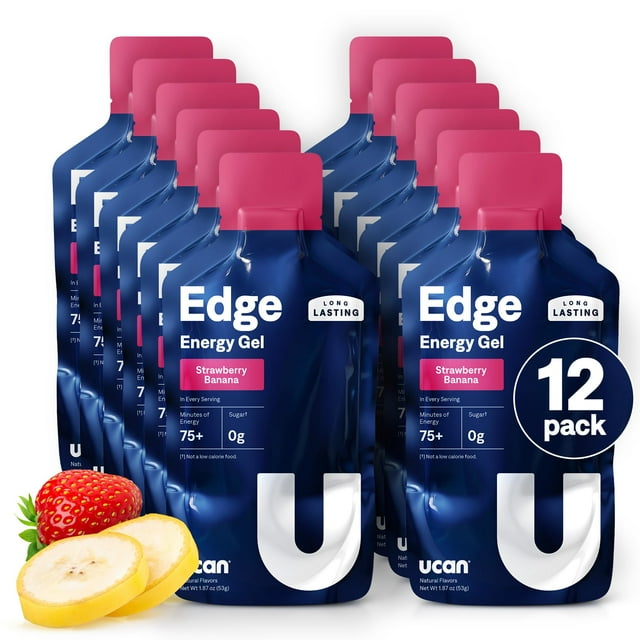 Geles energéticos UCAN Edge, sabor fresa y plátano (12 sobres de 56 ml) para correr, entrenar, fitness, ciclismo y crossfit | Energía sin azúcar, vegana y cetogénica