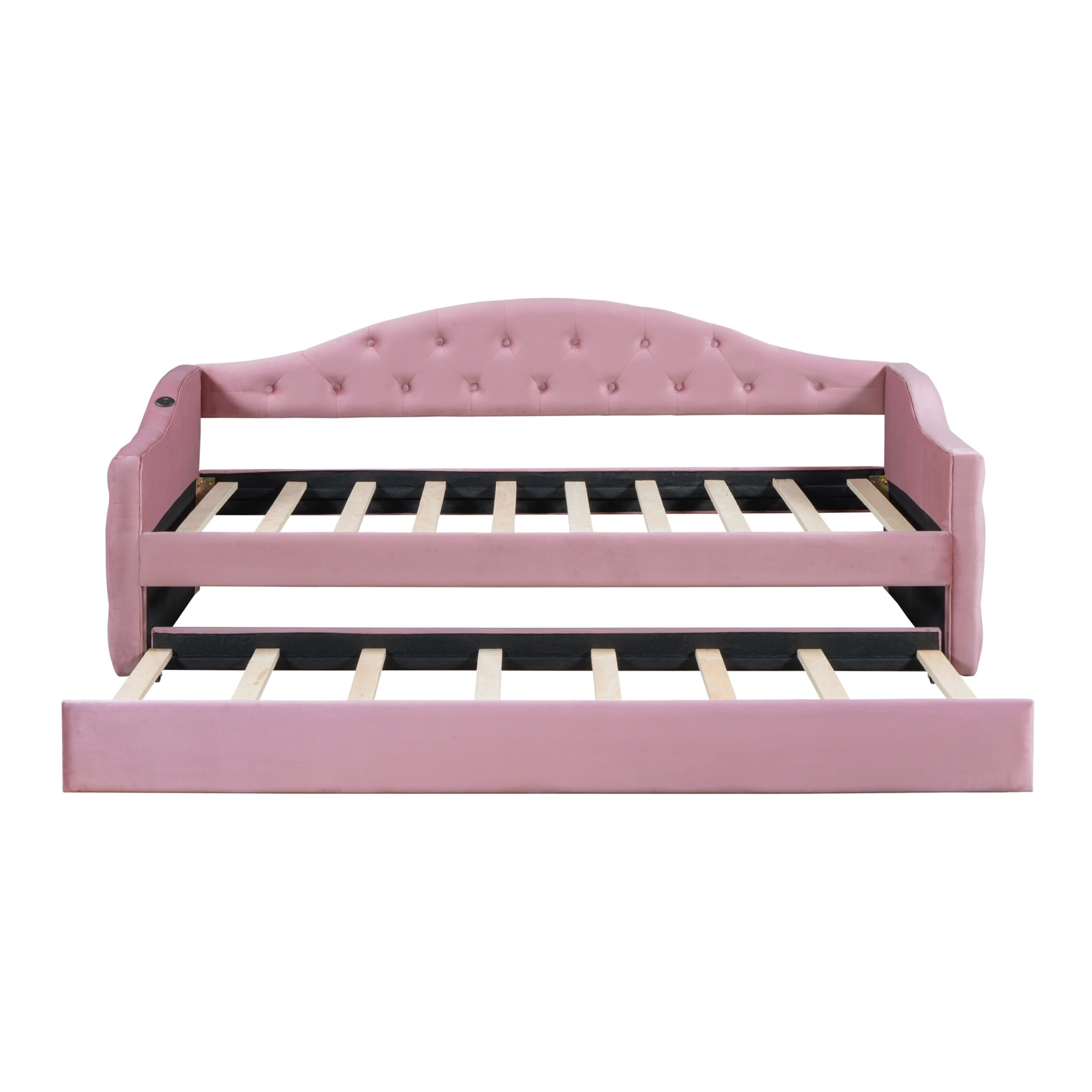Noble House Twin Tufted Upholstered Daybed with Trundle, USB and Type-C Charging Ports, Pink