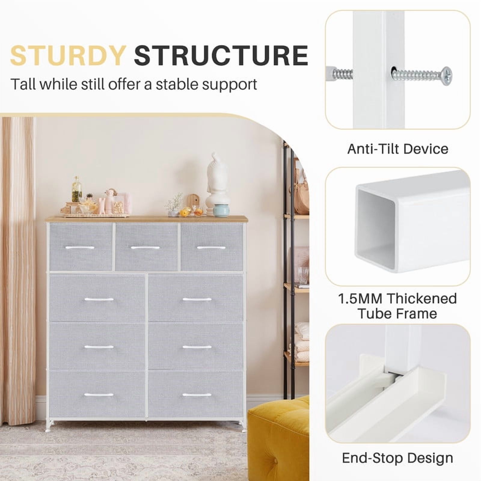 Bigleap 9 Drawers Dresser for Bedroom, Fabric Dresser with Sturdy Steel Frame, Wooden Top & Easy Pull Fabric Bins,Light Gray
