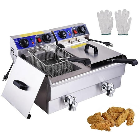 - 23.4L 3000W Commercial Electric Deep Fryer Dual Tanks Stainless Steel w/ Timer and Drain French Fry