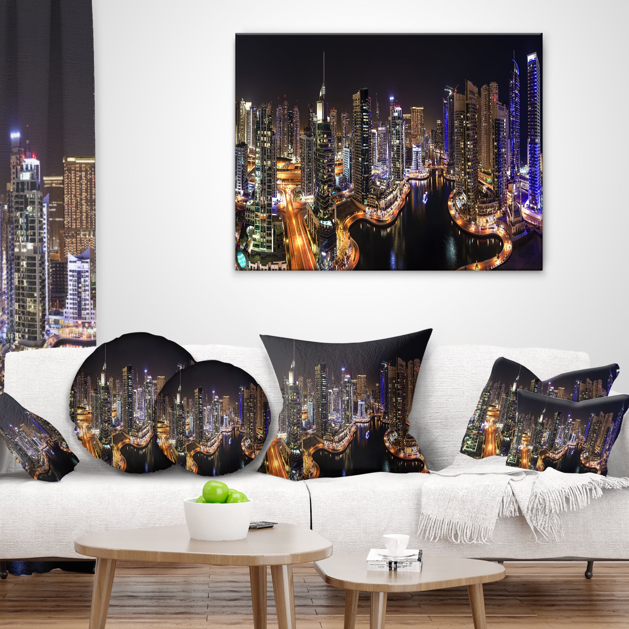 Designart Dubai Marina View at Night - Cityscape Throw Pillow - 18x18