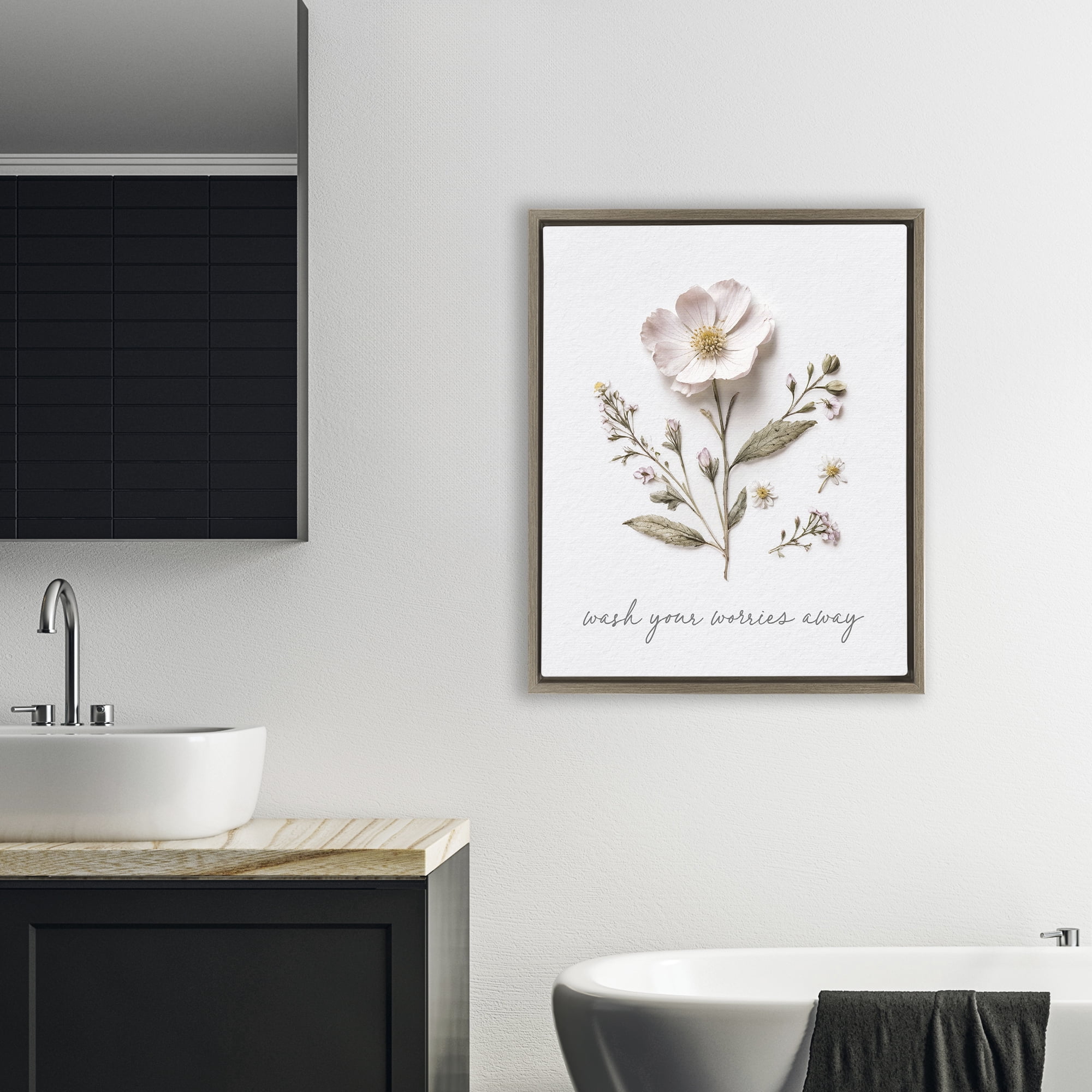 Pressed Flower Wash Worries Away Brown Framed Floater Canvas Wall Art, design by Lettered and Lined