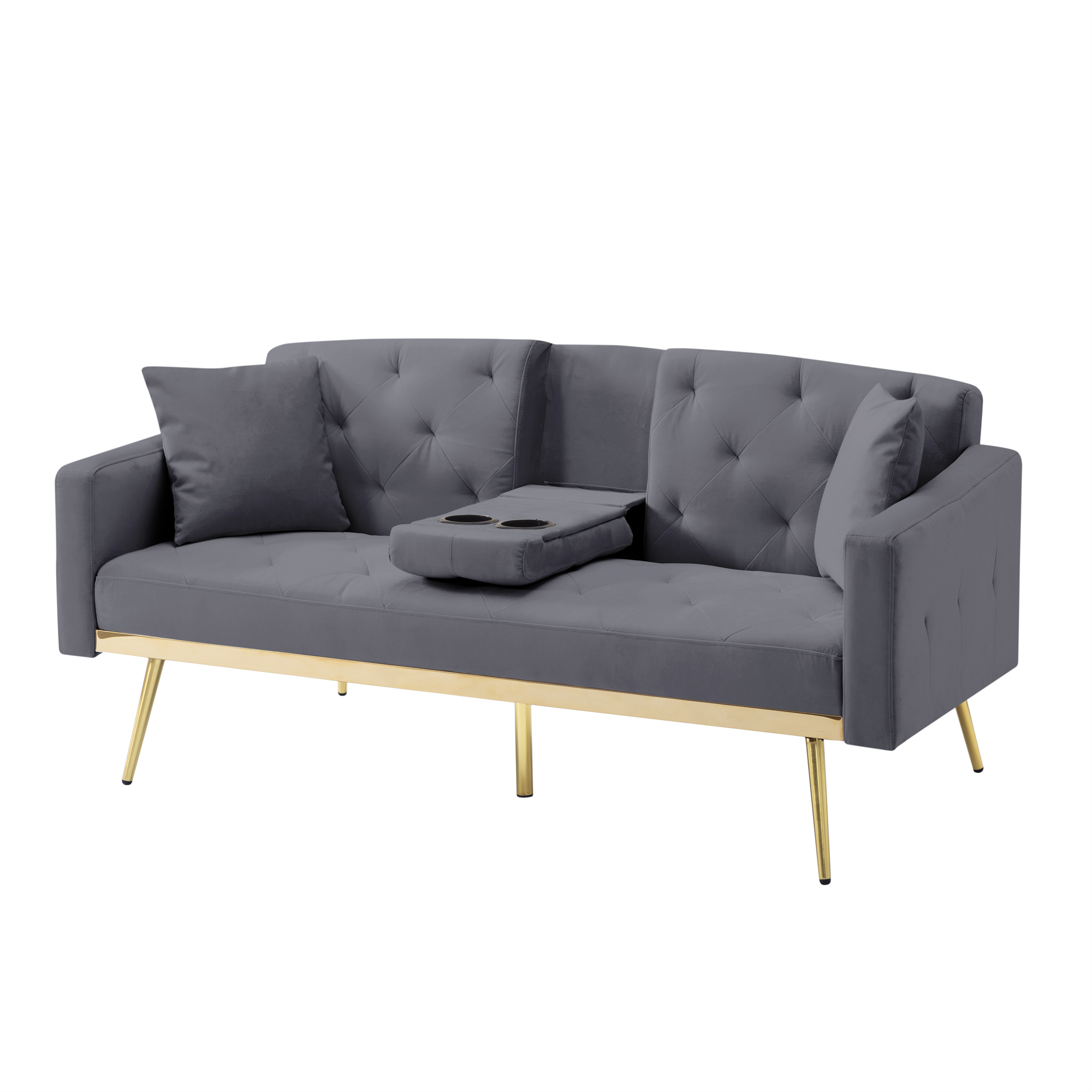 Aukfa Velvet Futon Convertible Sofa Bed for Home Office, 2 Pillows& Cup Holders, Tufted Futon, Gray
