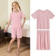 thumbnail image 2 of Girls 2 Piece Outfits Girls Summer Crewneck Solid Short Sleeve T-Shirts Tops and Pants Set Fashion Clothing Sets (Pink,8-9 Years), 2 of 6