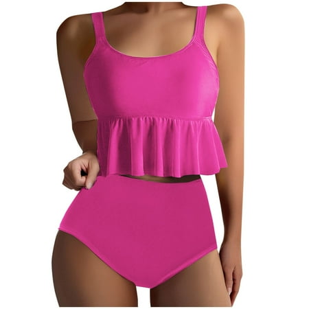Taqqpue Swim Suits for Women 2025 Tankini Swimsuits High Waisted Bikini Sets Two Piece Swimsuits Tummy Control Bottun Ruffled Flounce Tops Scoop Neck Cheeky Bathing Suits
