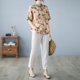 thumbnail image 3 of Camisa de manga corta ajustada con temperamento estampado artístico de algodón y lino de verano + pantalones de algodón y lino, 3 of 5