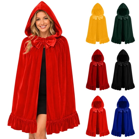 Jsaierl Women's Velvet Hooded Cloak with Ruffle Hem and Bow Tie Front Halloween Cosplay Cape Costume