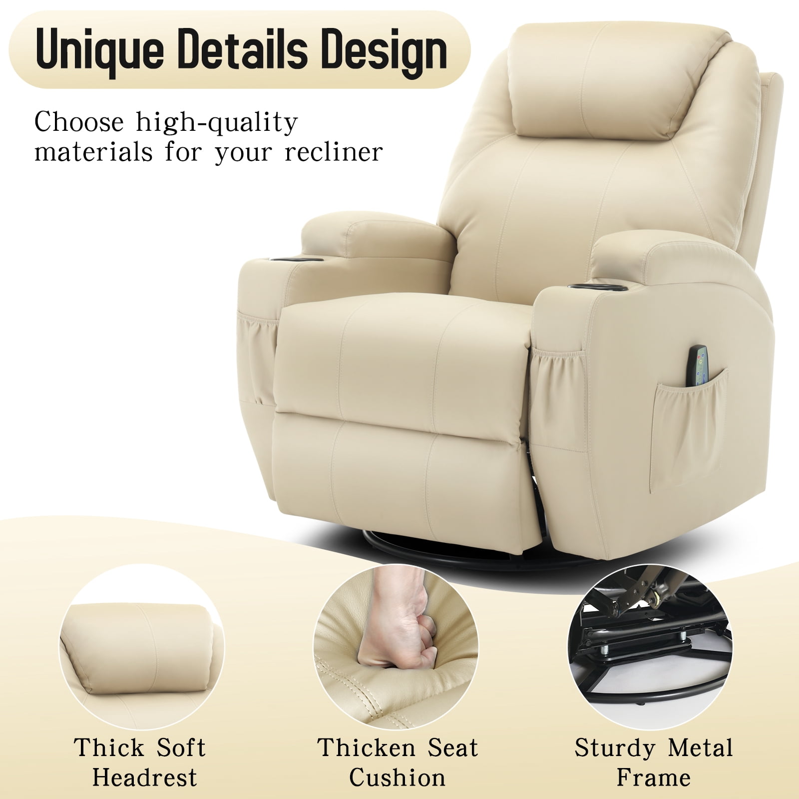 Korser Swivel Rocker Recliner Chair with Massage Faux Leather for Living Room,Beige