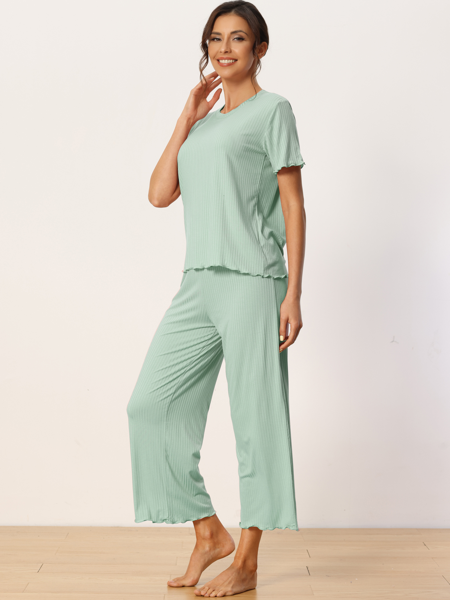 DARING DIVA Women's Ribbed Knit Round Neck Short Sleeve Pajamas Set 2XL Green