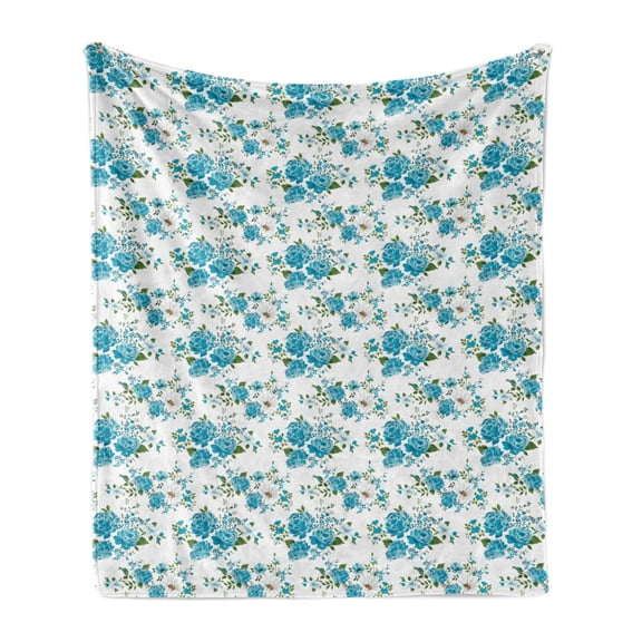 Vintage Soft Flannel Fleece Blanket, Flower Pattern with Daisy and Roses Nostalgic Romantic Spring Composition, Cozy Plush for Indoor and Outdoor Use, 70" x 90", Blue Green and White, by Ambesonne