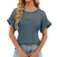 thumbnail image 2 of Womens Tops Dressy Casual Round Neck Lace Patchwork Short Sleeved T Shirt For Women Solid Color Pullover, 2 of 7