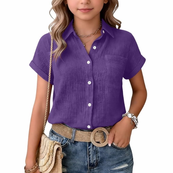 Dwellite School Uniforms for Girls Collared Button Down Short Sleeve Dress Shirts Casual Formal Back to School Dark Purple 160