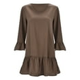 thumbnail image 4 of Breaise Cotton Linen Dresses for Women V Neck Bell Sleeve Ruffle Tiered Mini Dresses 3/4 Sleeve Solid Loose Fit Pleated Dresses Flowy Summer Casual Work Dresses Brown S, 4 of 7